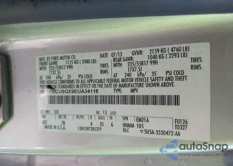 2014 Ford Escape Se z USA, uszkodzony, nr VIN 1FMCU9GX9EUA34118